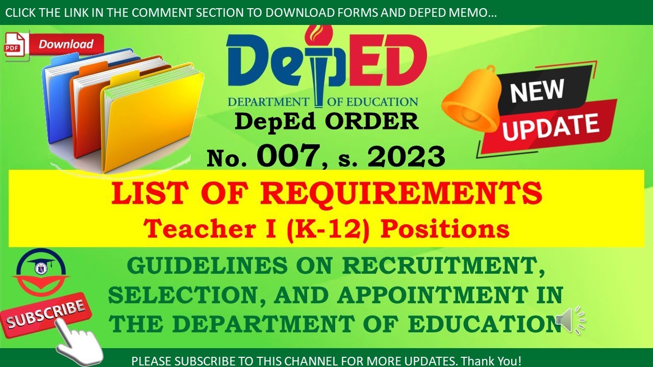 List of Requirements for Teacher I Positions as per DO 7 s. 2023