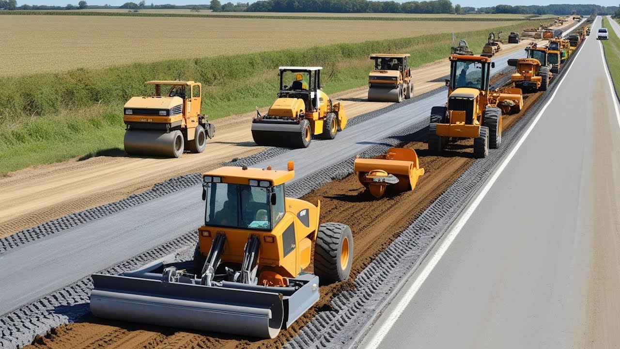 AI Videos depict a large road construction project with multiple heavy machinery working in tandem
