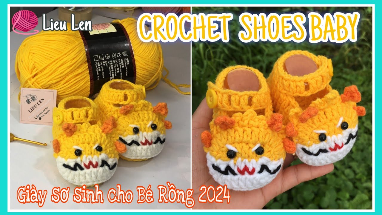 Crochet shoes baby: Cách móc giày len cho bé sơ sinh họa tiết RỒNG VÀNG 🐉 2024 | Size 9cm (Bé 0-3m)