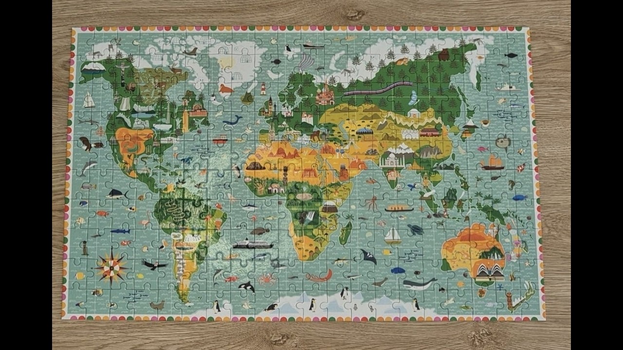 Assembling the World Map | 200 Piece Jigsaw ( Animals & Landmarks - Real Time)