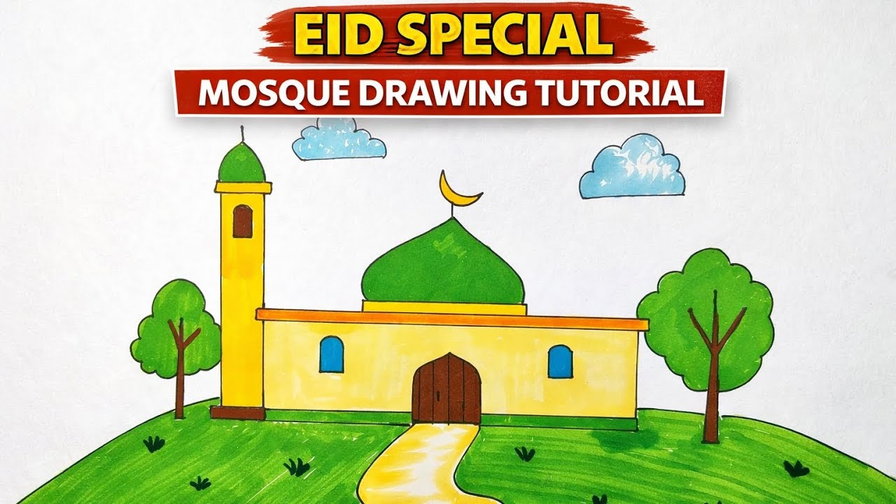 Ramadan Special: Easy Mosque Scenery Drawing & Coloring🌙🎨#MosqueDrawing #RamadanArt #DrawingTutorial