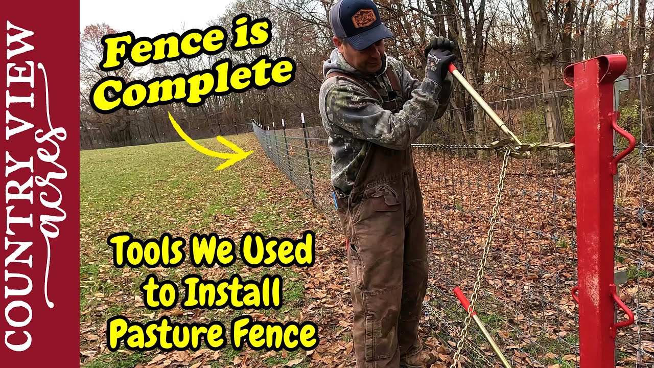 Pulling our last section of fence. Tools we used to install High Tensile Fixed Knot Fence