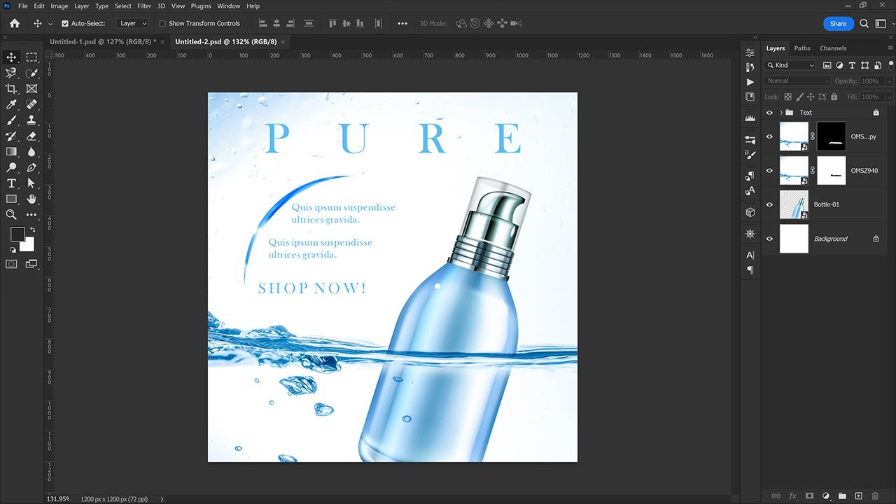 สอนกราฟิก ep. 1 - การรีทัชให้ขวดเหมือนลอยอยู่ในน้ำ ด้วยโปรแกรม Adobe Photoshop