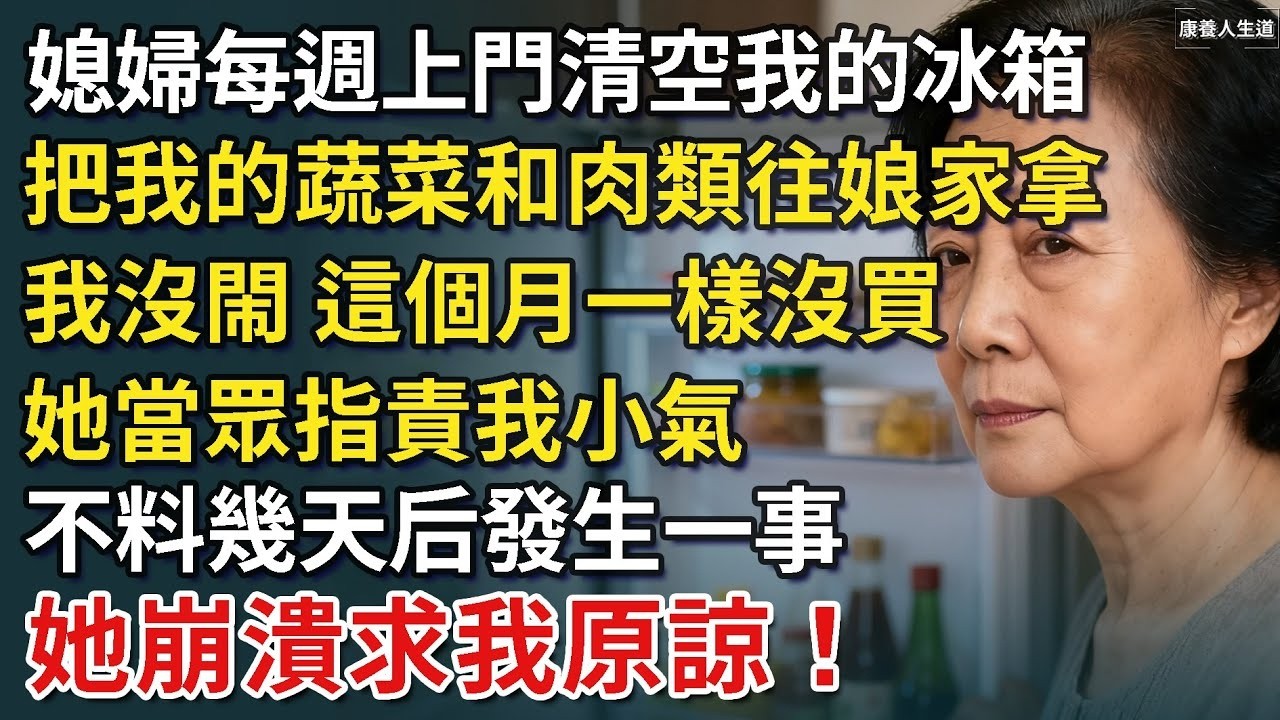 媳婦每週上門清空我的冰箱，把我的蔬菜和肉類往娘家拿，我沒閙 這個月一樣沒買，她當眾指責我小氣，不料幾天后發生一事，她崩潰求我原諒！【康養人生道】 #康養人生道 #上了年紀該明白的事 #養老 #聰