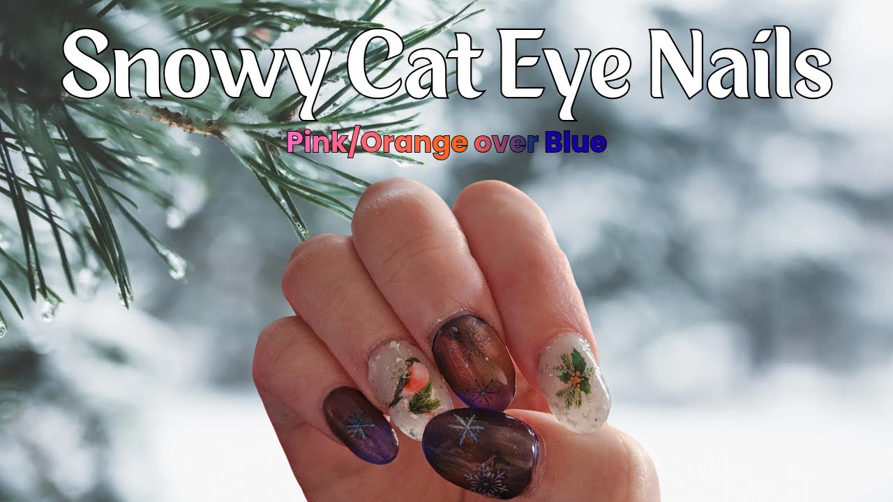 Winter Pink Orange Magnetic Over Blue Nail Set