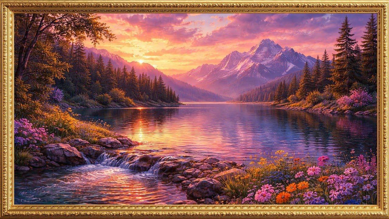 Alpine Lake Sunset | Vintage Gold Frame | 4K TV Art Screensaver