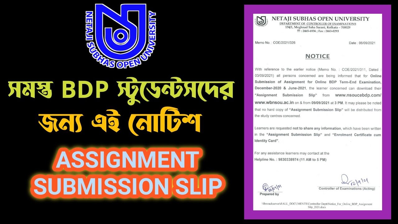 NSOU  All BDP Official Notice || Assignment Submission Slip || nsou bdp assignment 2021
