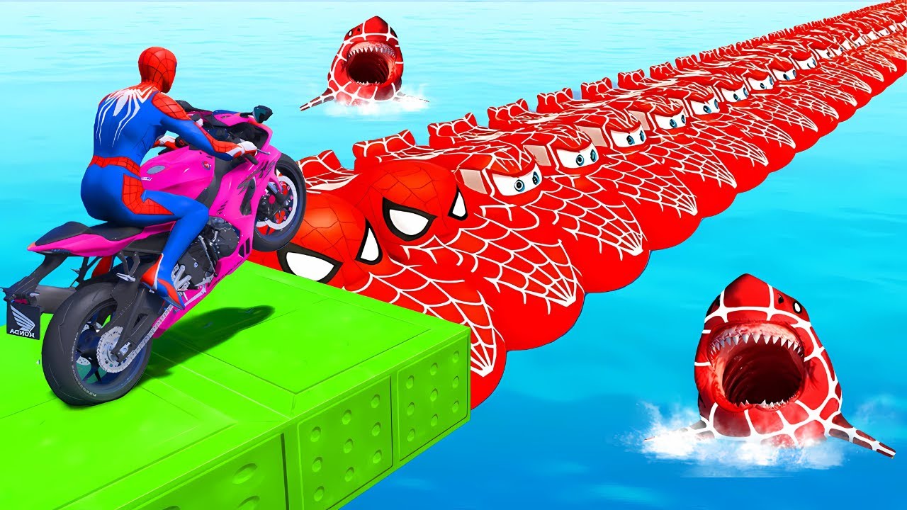 سبايدر مان يقفز بالدراجة فوق أسماك القرش | Spider-Man Shark Bike Challenge