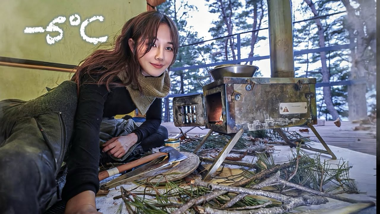 -5℃, кемпинг в одиночку с дровяной печью / макколли и красный одэн / одиночный кемпинг зимой