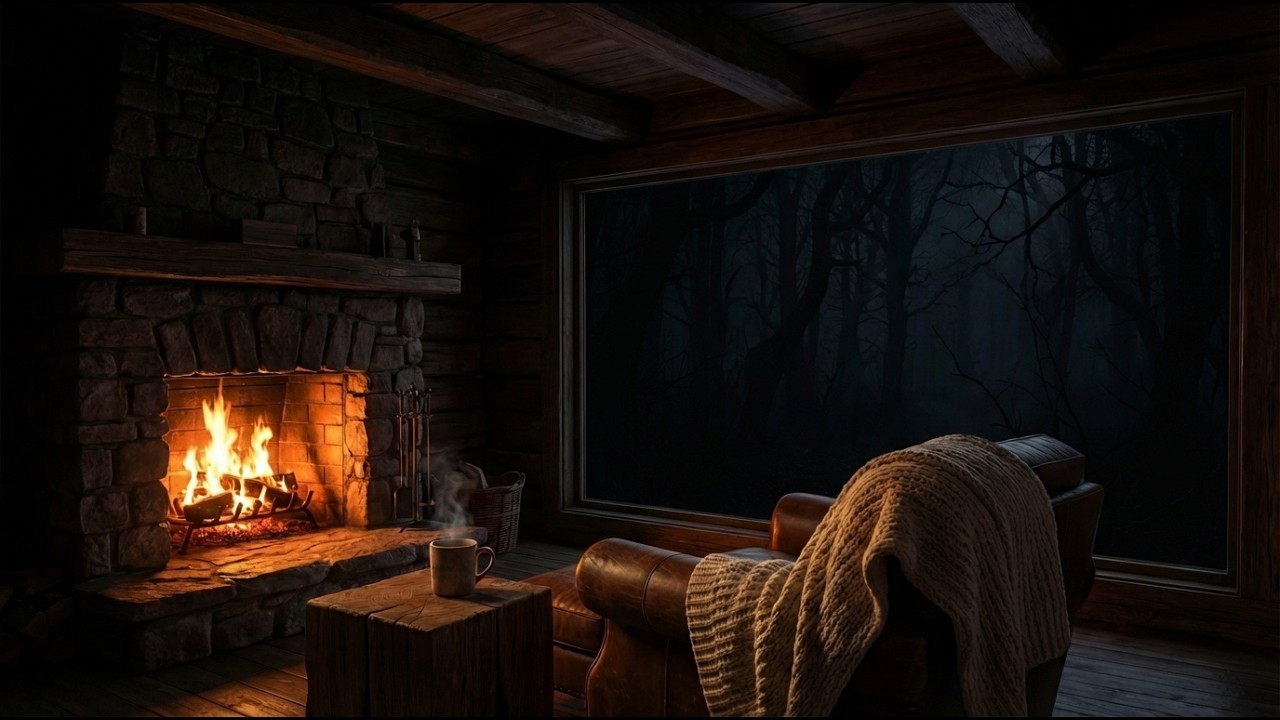 Dark Forest Cabin at Night 🔥🌲 Cozy Fireplace & Deep Night Ambience | 4K Relaxing (2 Hours)