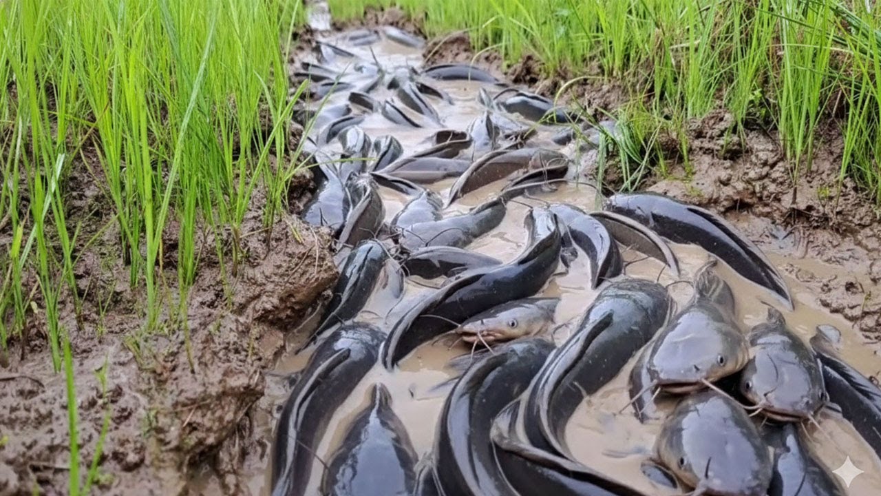 Catfish Swarming in a Shallow Paddy Field Drainage by hand a fisherman skill
