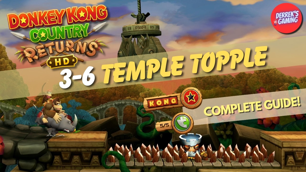 Donkey Kong Country Returns HD | 3-6 Temple Topple | 100% Guide (KONG Letters & Puzzle Pieces)