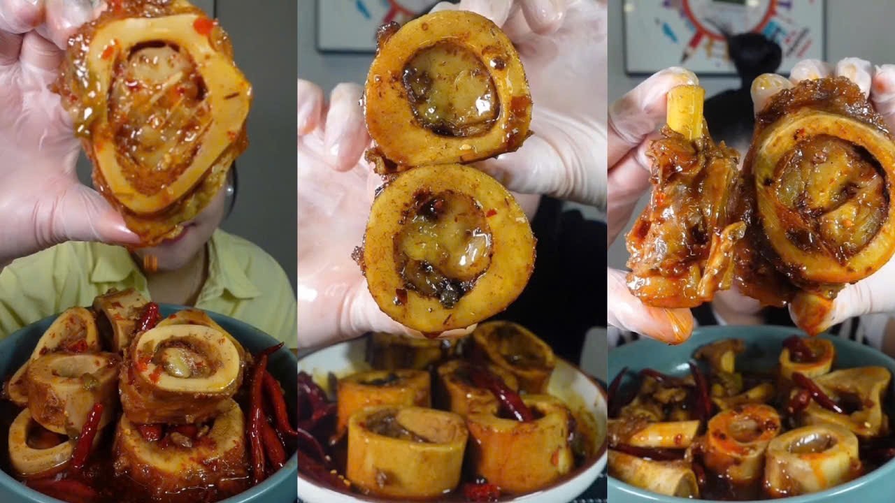 Eating Beef Bone Marrow, Challenge Eating Spicy Braised Beef Bone Marrow