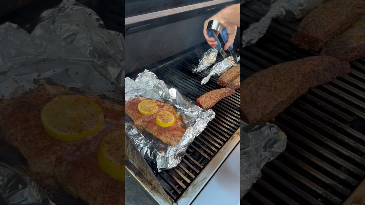 Striped Bass surf &lsquo;n turf 🐟🥩#stripedbass #fishing #cooking #catchandcook #grilling