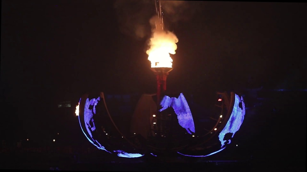 Epcot Illuminations Reflections of Earth:  fire and globe closeup full show from UK pavilion