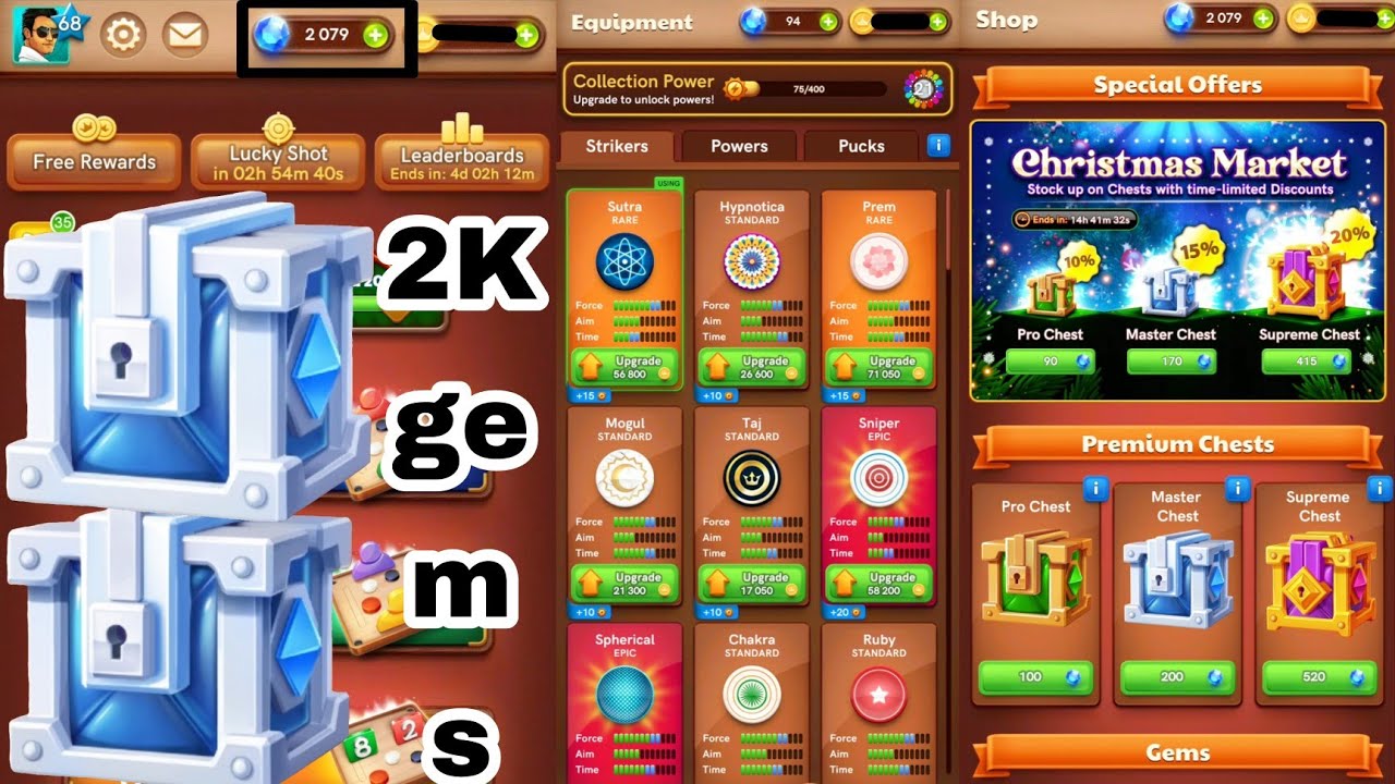 2k gems💎 Unboxing 😍 | Carrom Disc pool | First time gems Unboxing 😍 | Master chest unboxing 🤑 |