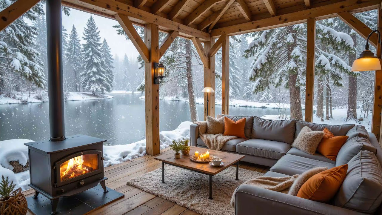 Tranquil Lakeside Cabin with Warm Fireplace ❄️ Soothing Piano Music for Relaxation, Focus & Sleep