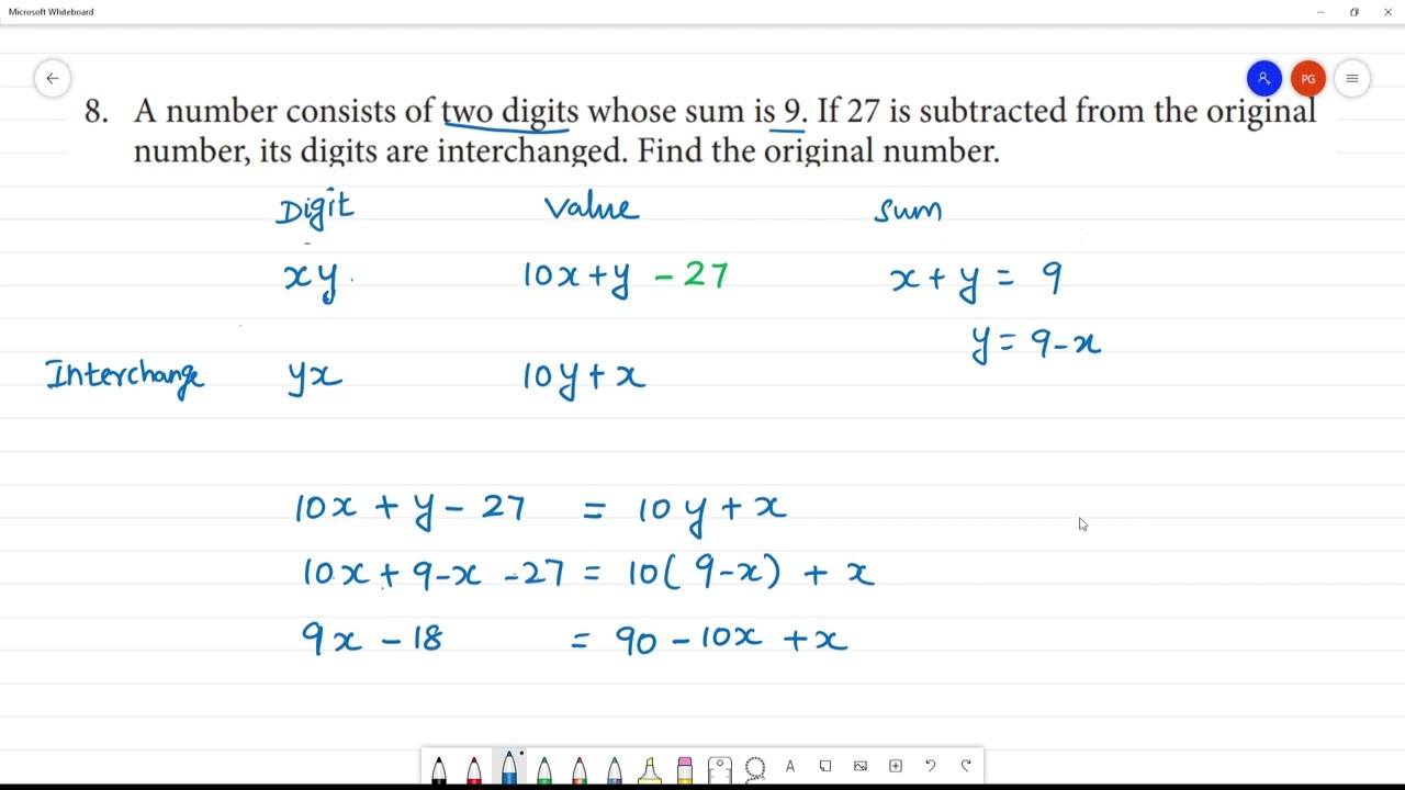 Class 8 TN Maths 3 ALGEBRA  Exercise 3.7   8. A number consists of two digits whose sum is 9. If 27