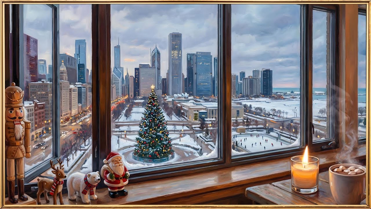 4k | Holiday City🎄painting screensaver + frame on your TV 📺 | Canvasify TV | 1 hr + snow motion ❄️