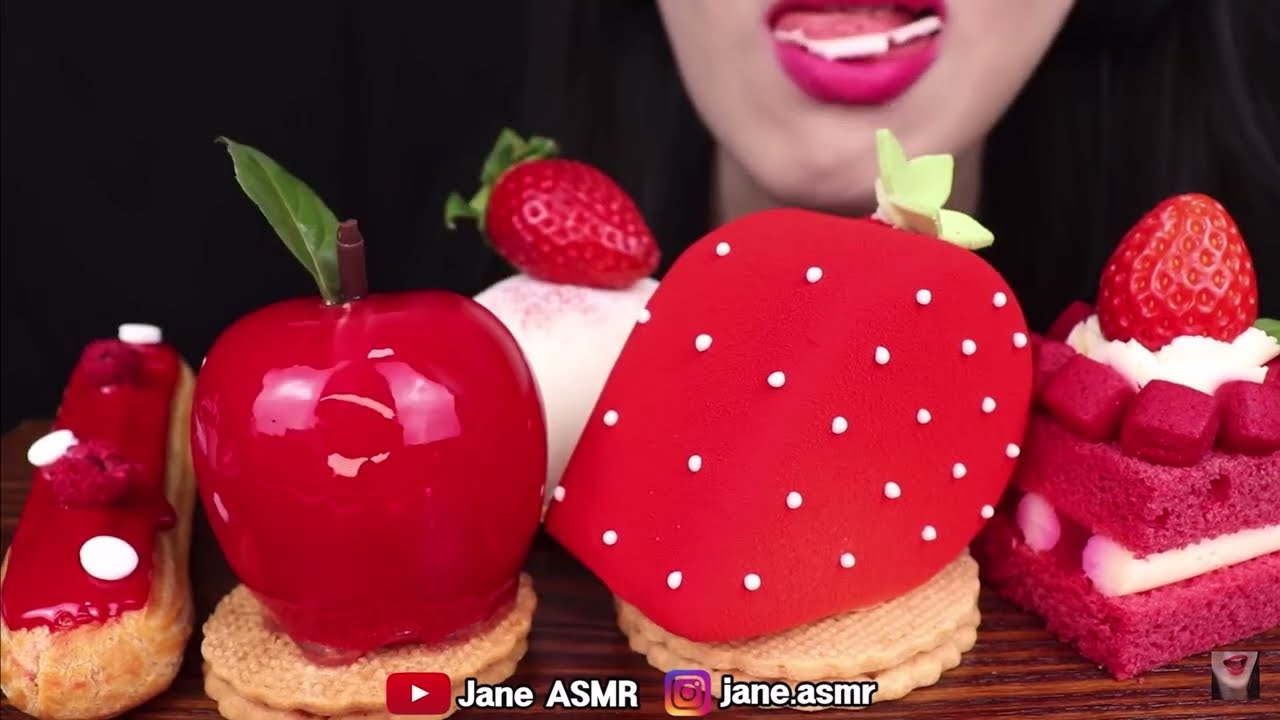 BITES ONLY: ASMR RED DESSERTS *STRAWBERRY SNOWBALL, PETIT CAKE, APPLE CAKE MUKBANG *JANE ASMR