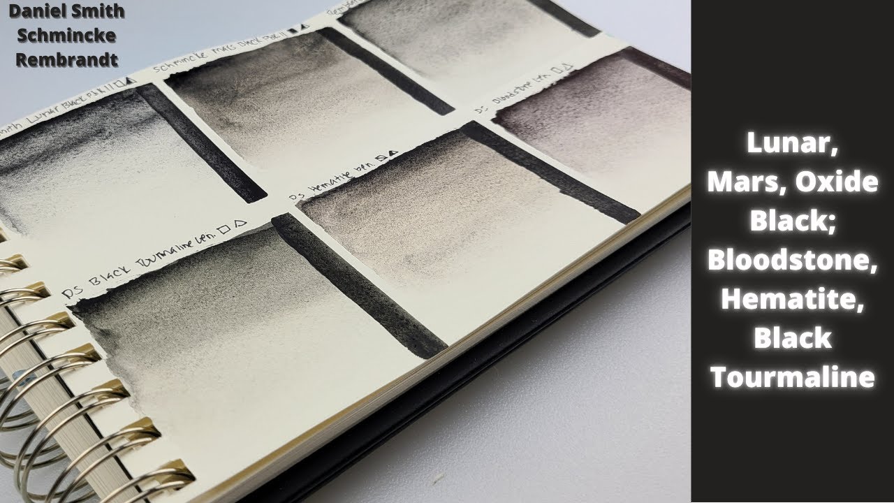 Watercolor Comparison Lunar, Mars, and Oxide Black PBK11 and Daniel Smith Primatek Blacks and Darks