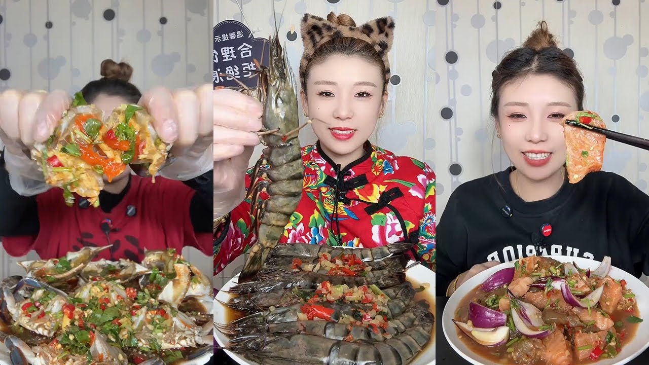 【Mukbang】Crab with sauce sauce, black tiger shrimp, and cold salmon shrimp salad🐠🦐🧄🍋🌶#Seafood#yummy