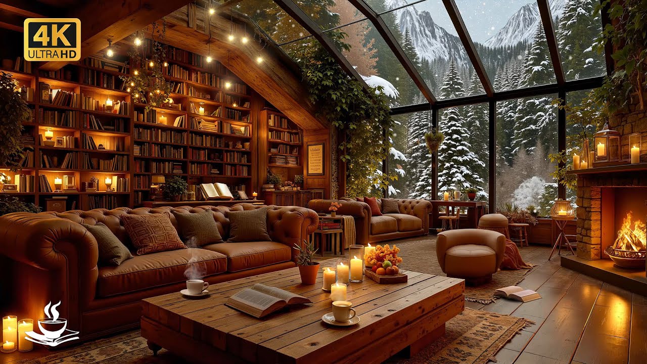 Cozy Jazz Library Ambience ❄️ Winter Reading Escape with Soft Snowfall & Warm Candle Glow Atmosphere