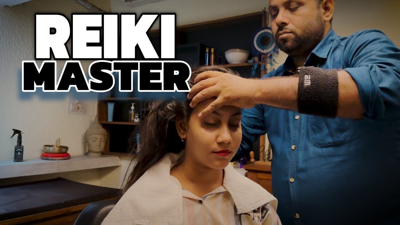 Reiki master giving deep tissue head massage therapy to female client , Asmr relax therapy