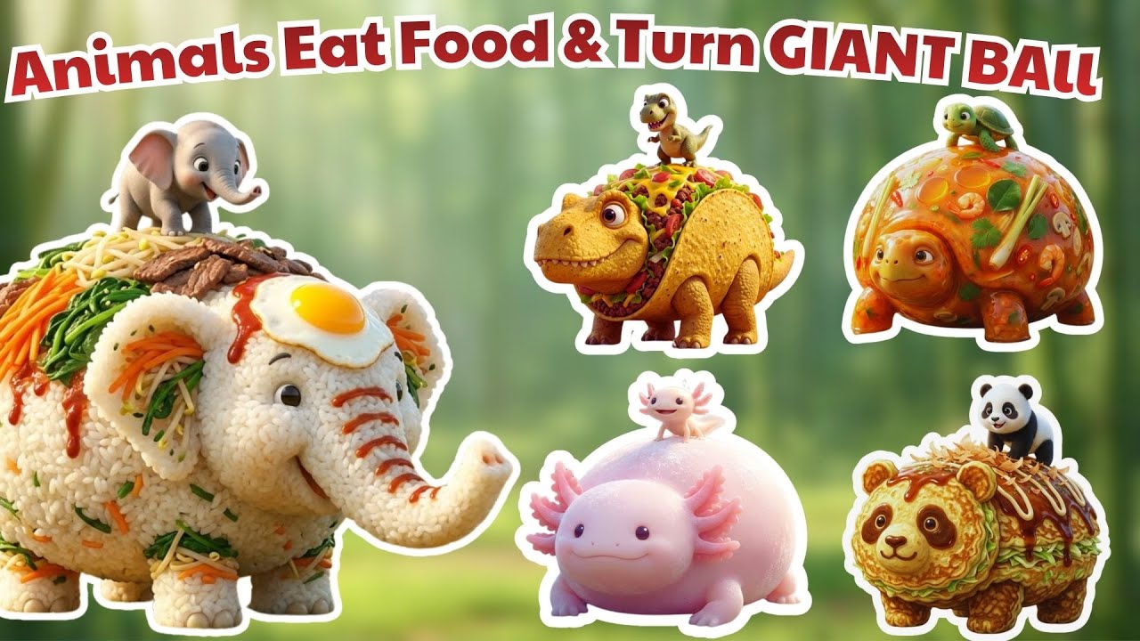 ABC Giant Food Animals 🍜🐻 | Eat Food & Grow HUGE BALL! | ABC Song