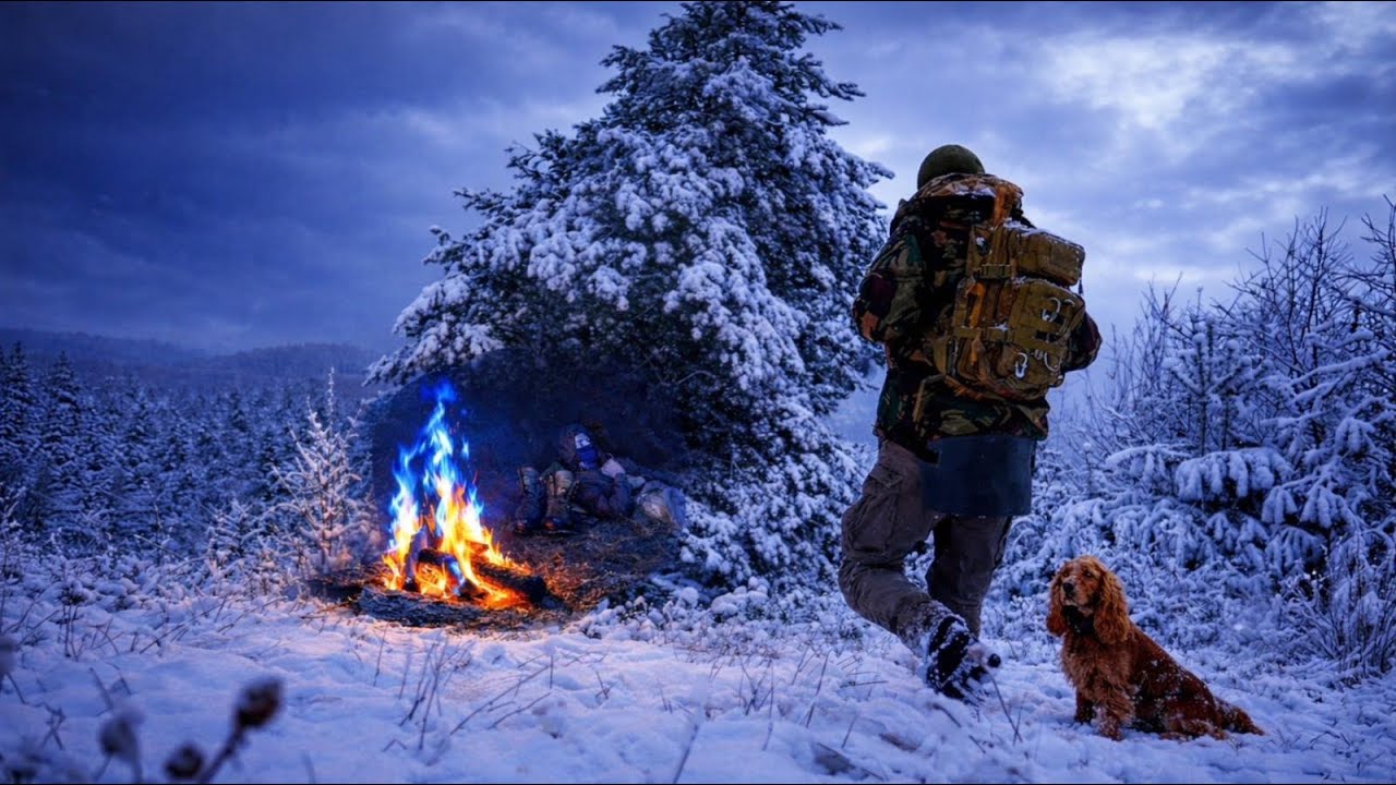 Solo Overnight Bushcraft in Freezing Winter -20°C  Building Primitive Shelter
