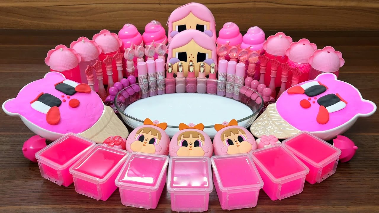 Slime Mixing Random Makeup into Glossy: Pink Baby Cry ASMR Mix