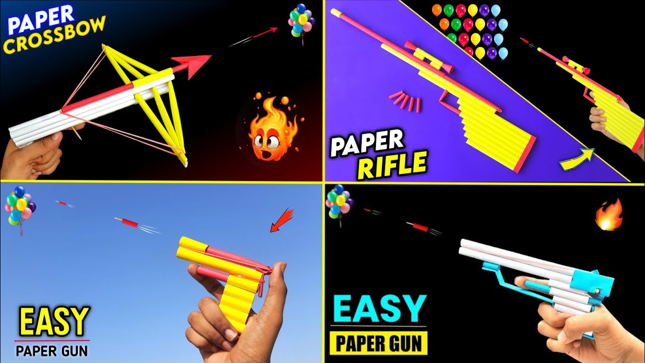 4 Easy Paper Gun , how to make a paper gun , homemade paper Rifle , how to make crossbow