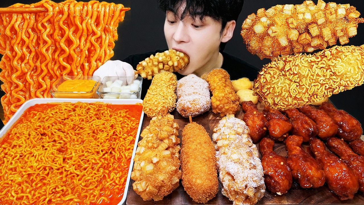 ASMR MUKBANG 체다치즈 양념 치킨먹방! 치즈 떡볶이 명랑핫도그 CRISPY FRIED CHICKEN CORN DOG EATING SOUND!