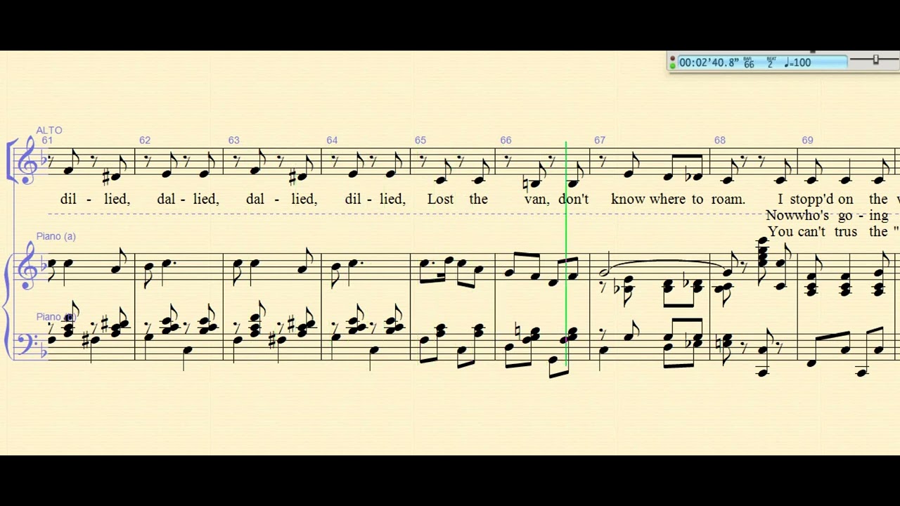 Altos.  My old Man (Don't Dilly Dally)  Arranged for SATB choir by Jane Anderson-Brown.  Learning