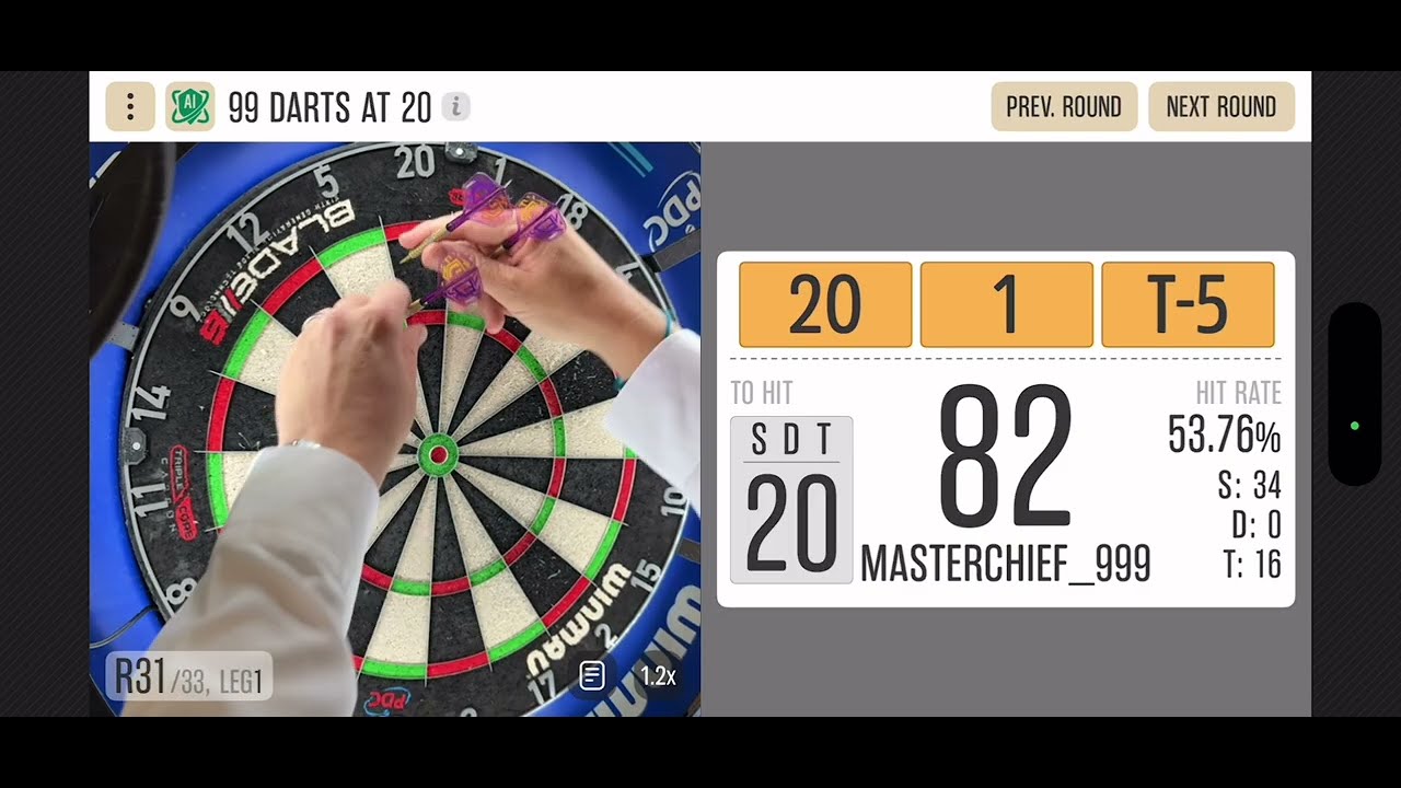 Darts game - consistency - 99 darts at X - 20s, 19s and 18s
