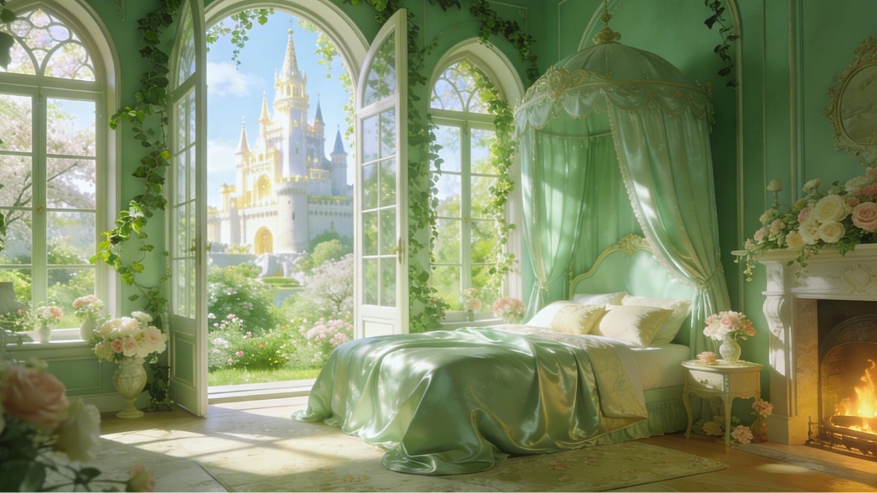 Emerald Spring Castle Bedroom 🌿 Cozy Fireplace | 6 Hours Fairytale Ambience