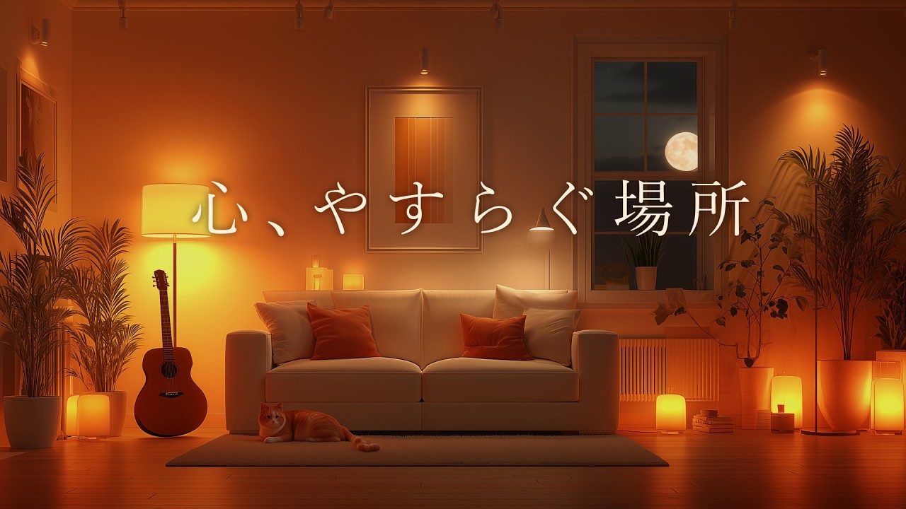【心をゆるめるBGM】あたたかい光に包まれて、疲れた心を癒やす Mellowなアコースティック Lofi Guitar | 月夜に猫と静寂を