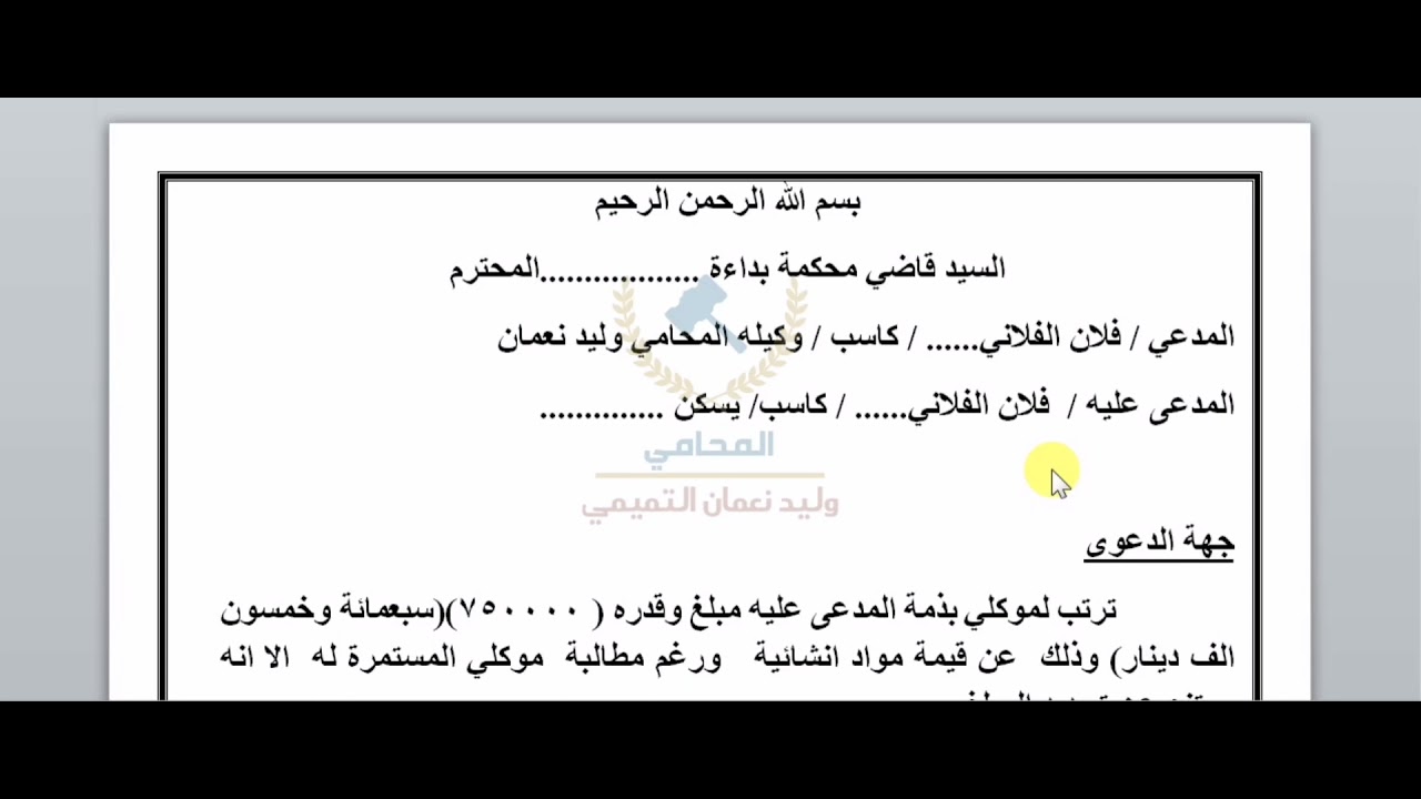 كيفية كتابة عريضة دعوى دين امام محكمة البداءة