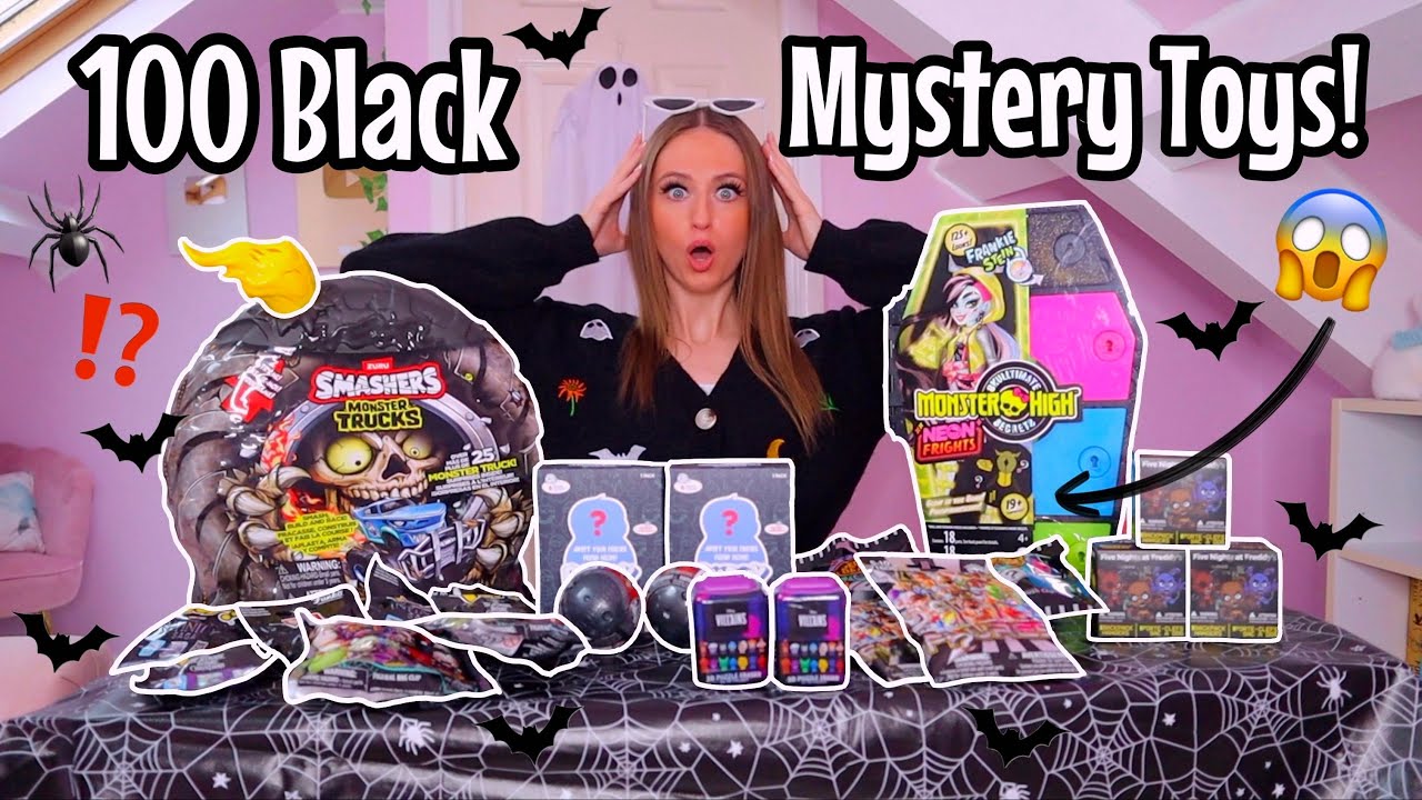 UNBOXING 100 *BLACK ONLY* MYSTERY TOYS!!😱🕷️🎩🎬🖤(DEDDY BEARS, FNAF, DISNEY VILLAINS, SMASHERS ETC!!🫢)