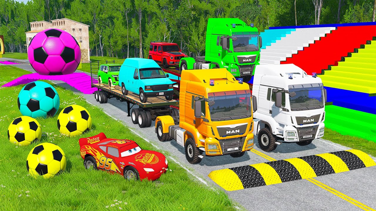 Five Flatbed Trailer McQueen Transportation with Truck - Speedbumps vs Cars vs Train - BeamNG #12