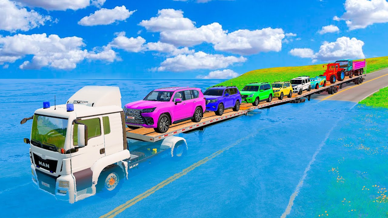 Triple Flatbed Trailer McQueen Transportation with Truck - Speedbumps vs Cars vs Train - BeamNG #009