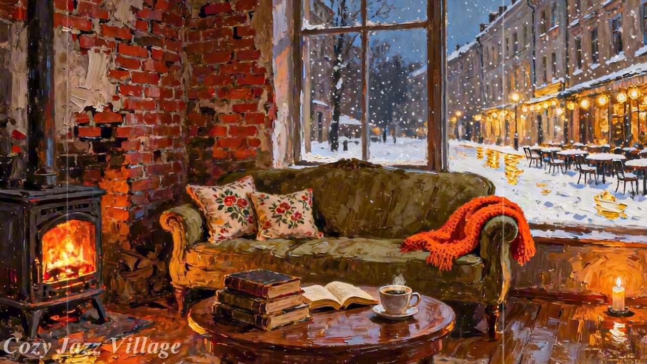 1940s Winter Jazz Cafe ❄️ Cozy Fireplace & Snowy Street Ambience | Old Time Radio Jazz