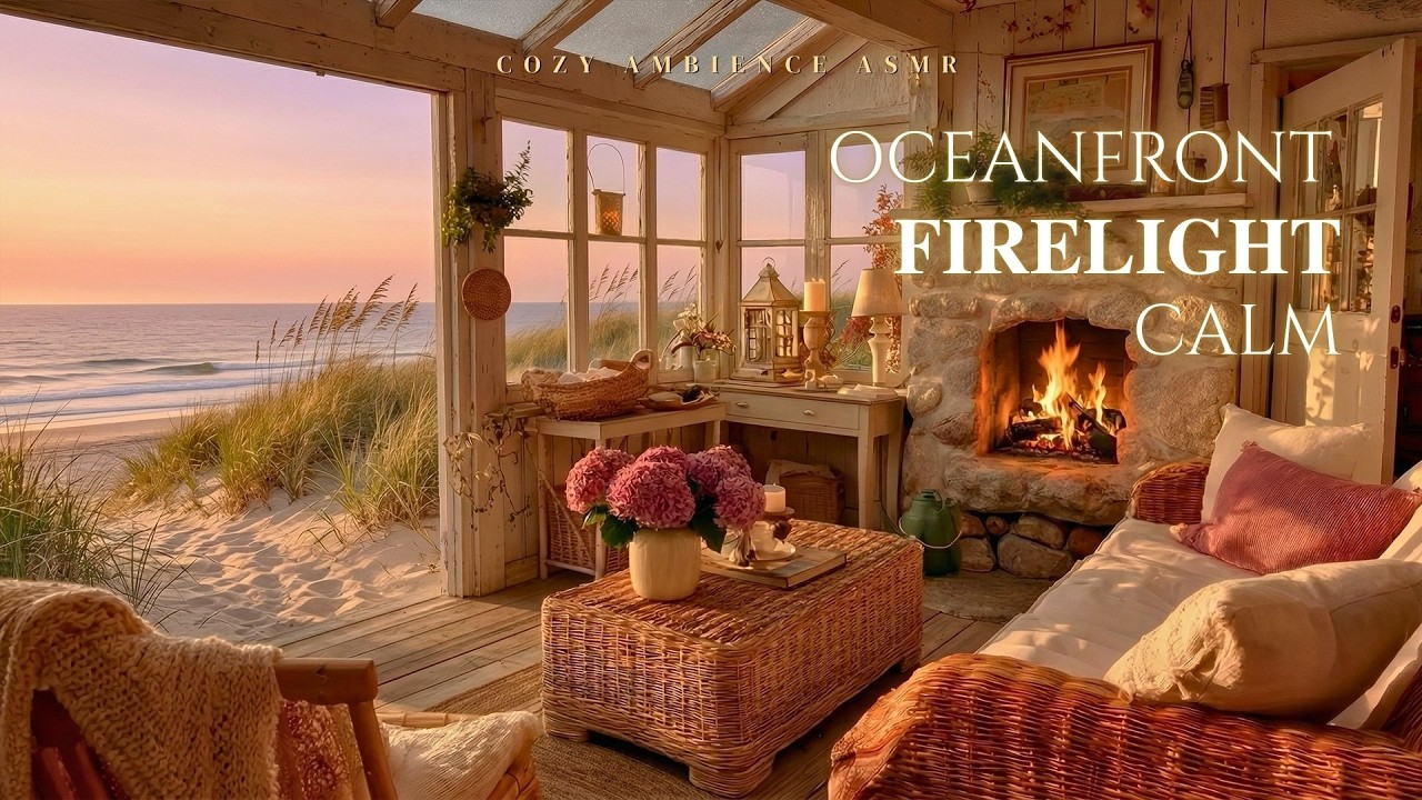Oceanfront Firelight Calm | Cozy Fireplace and Gentle Waves for Rest and Relaxation