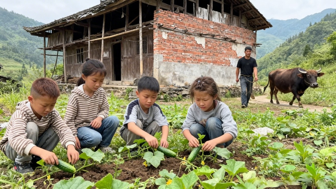【一家六口隐居深山】贫困山区的四个年幼孩子不仅放牛，还帮父亲栽种黄瓜，小小年纪就学会分担家庭重担