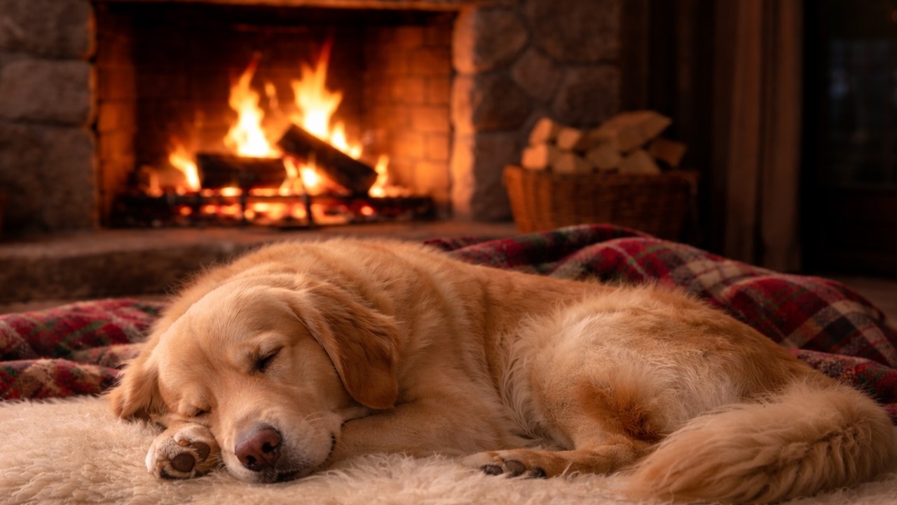 Sleeping Dog by the Fireplace 🔥 Live Cozy Fire Sounds for Deep Sleep