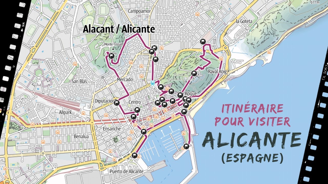 Un itinéraire complet et numéroté pour visiter entièrement la ville d’Alicante ( Espagne ).