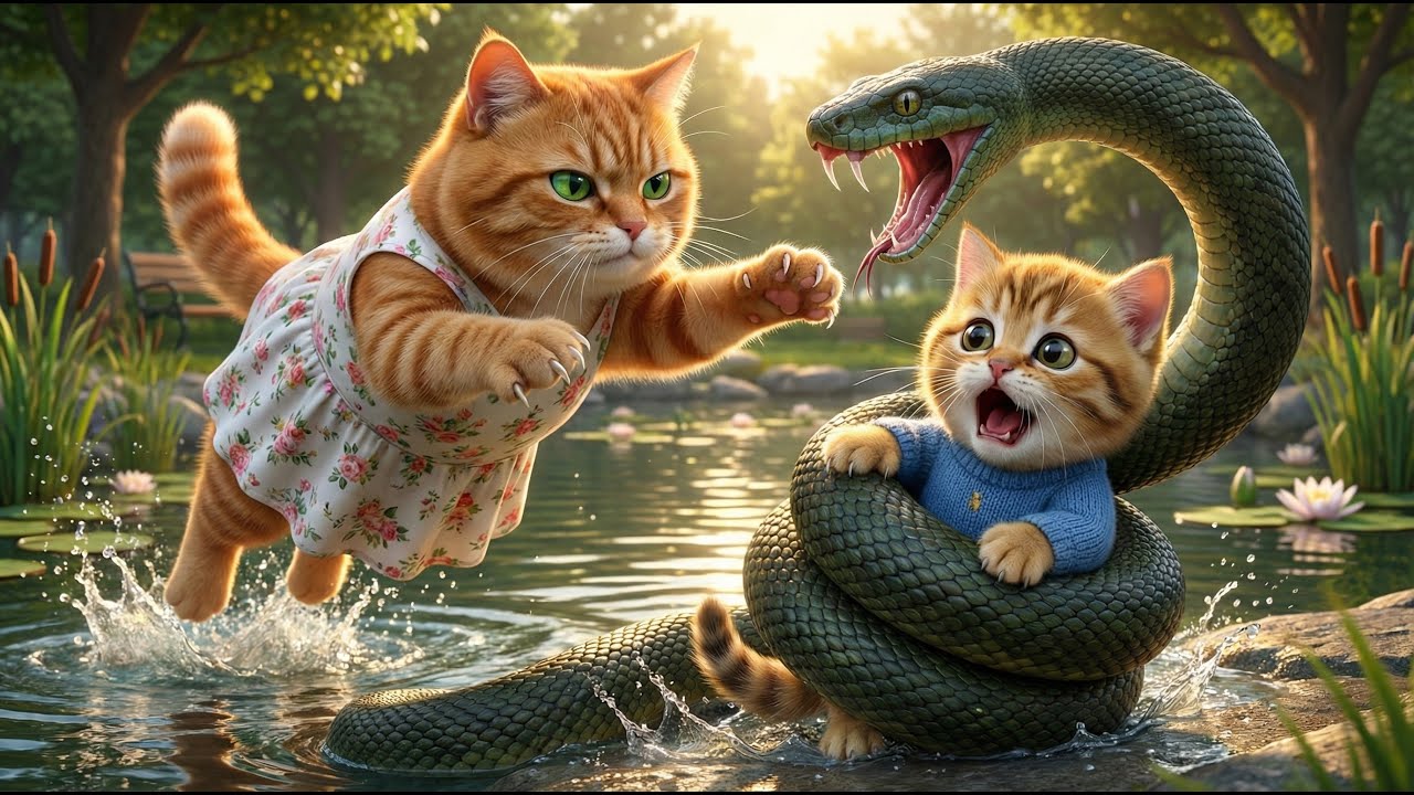 Snake Attack! Mom Cat Saves Cute Kitten in Park