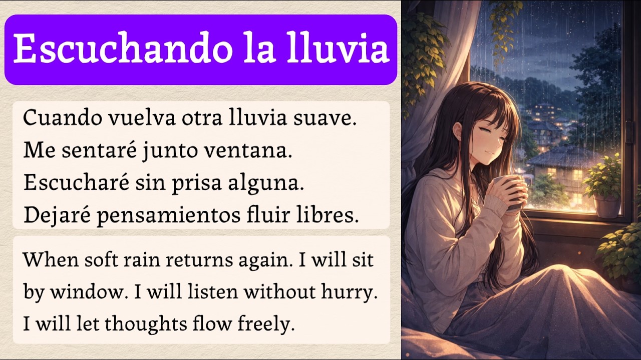 LEARN SPANISH with Simple Story for beginners (A1–A2) – Escuchando la lluvia | Listening to the Rain
