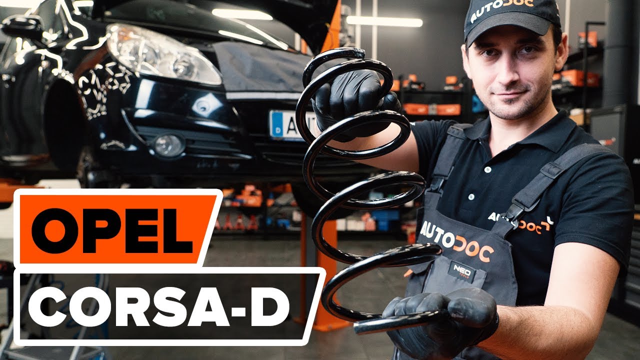 How to change front springs / front coil springs on OPEL CORSA D [TUTORIAL AUTODOC]
