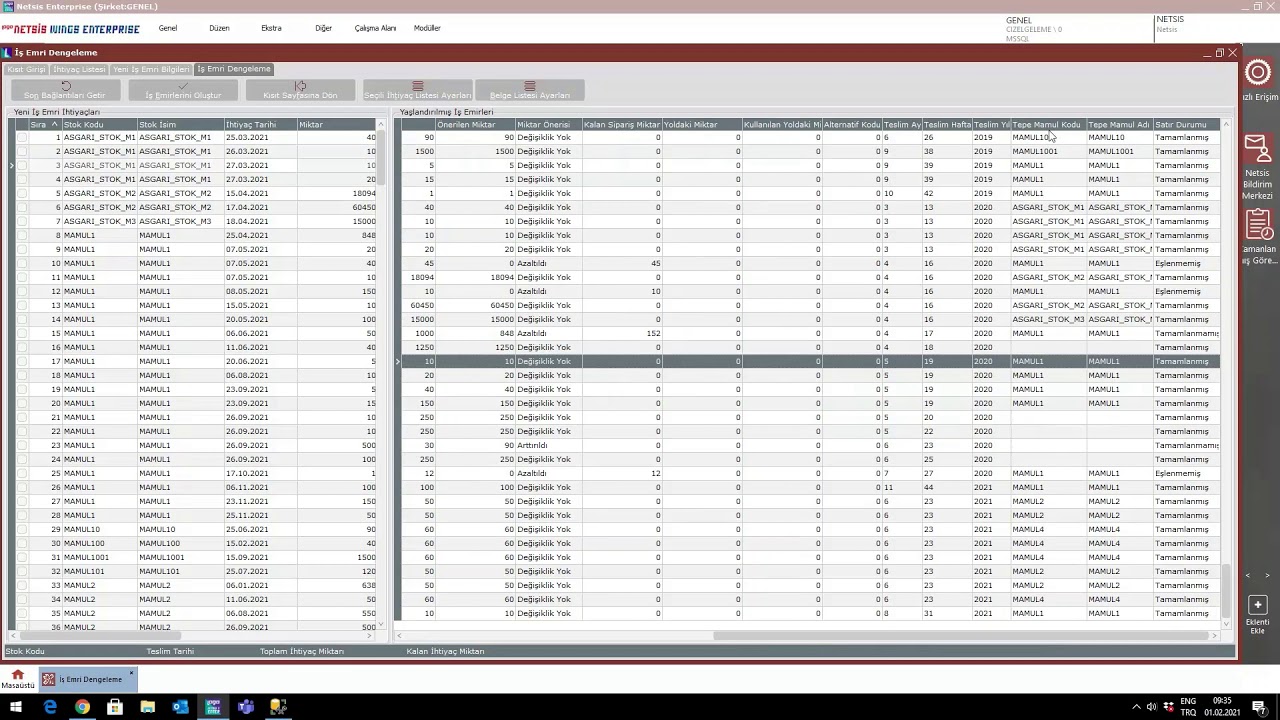 Netsis MRP Dengeleme Ekranları Akıllı Grid Desteği ve Performans İyileştirmesi
